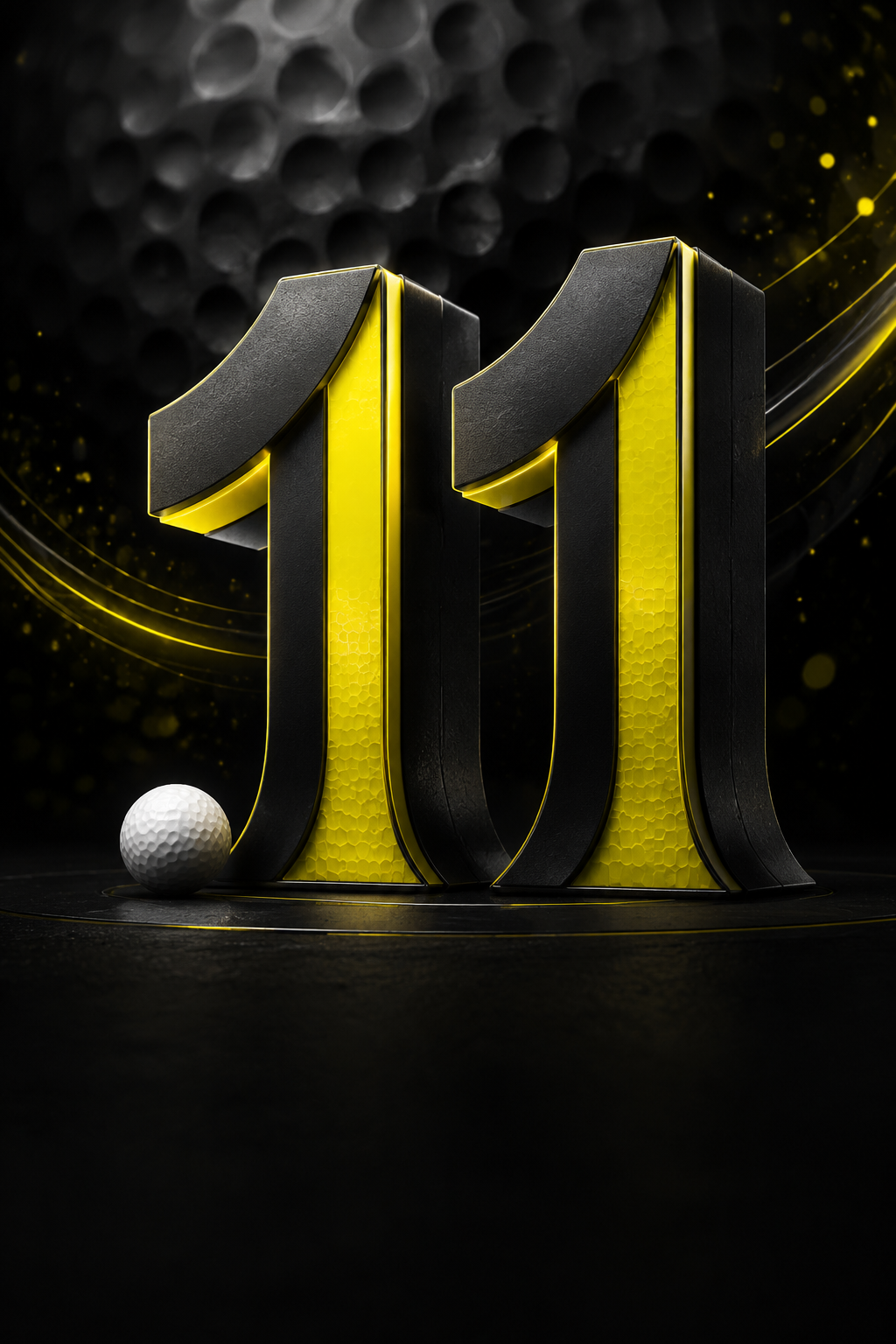 Dunes 11th anniversary graphic with a golf ball and black and yellow number 11
